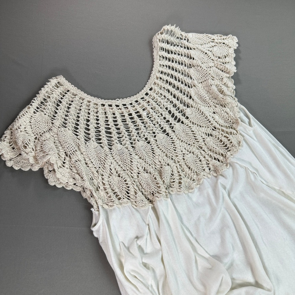 Free People Crochet Lace Yoke Mini Dress Womens L White Excellent Boho hippie